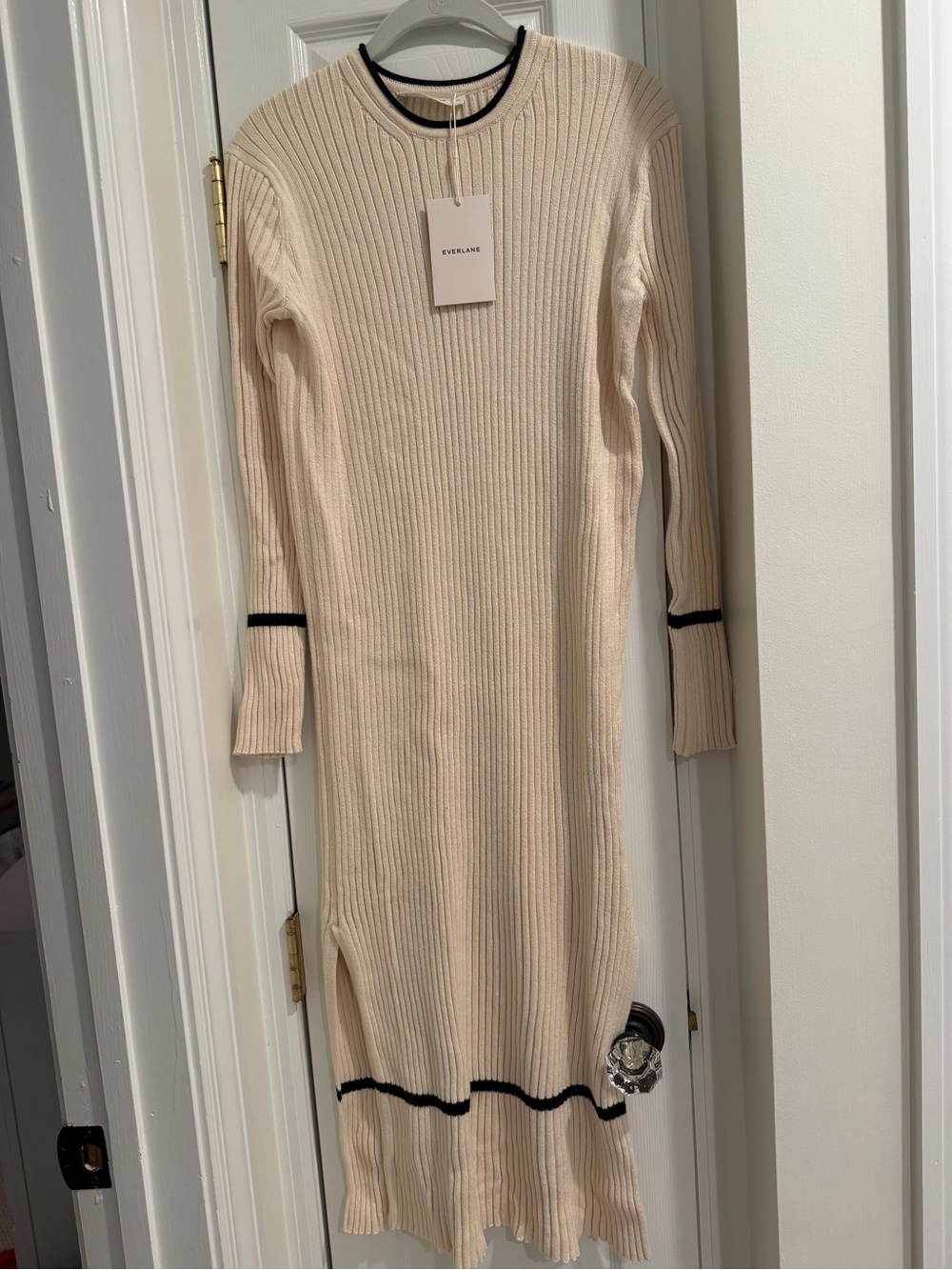 Everlane Cream Ribbed Long-Sleeve Knit Dress with Black Trim